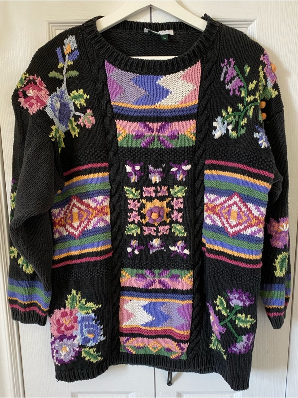 Jennifer Reed Vintage 80 90 Floral Embroidery Chunky Cotton Linen Pullover M